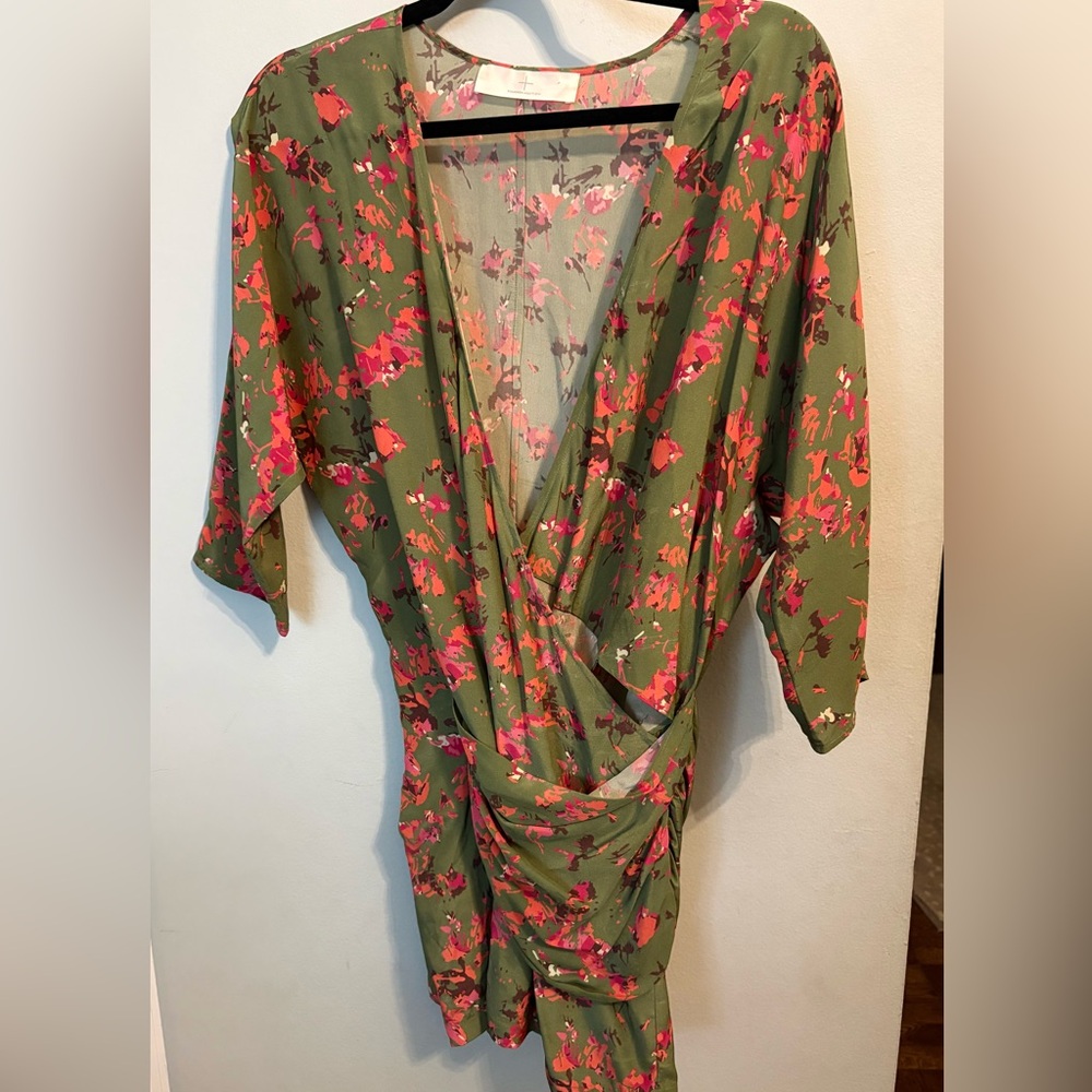 Thakoon Floral Silk faux Wrap Dress in Green and Pink/Orange